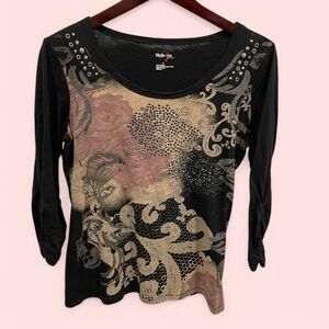 Cute Y2K Stone Roses studded black bling top ruched 3/4 sleeve whimsigoth magic